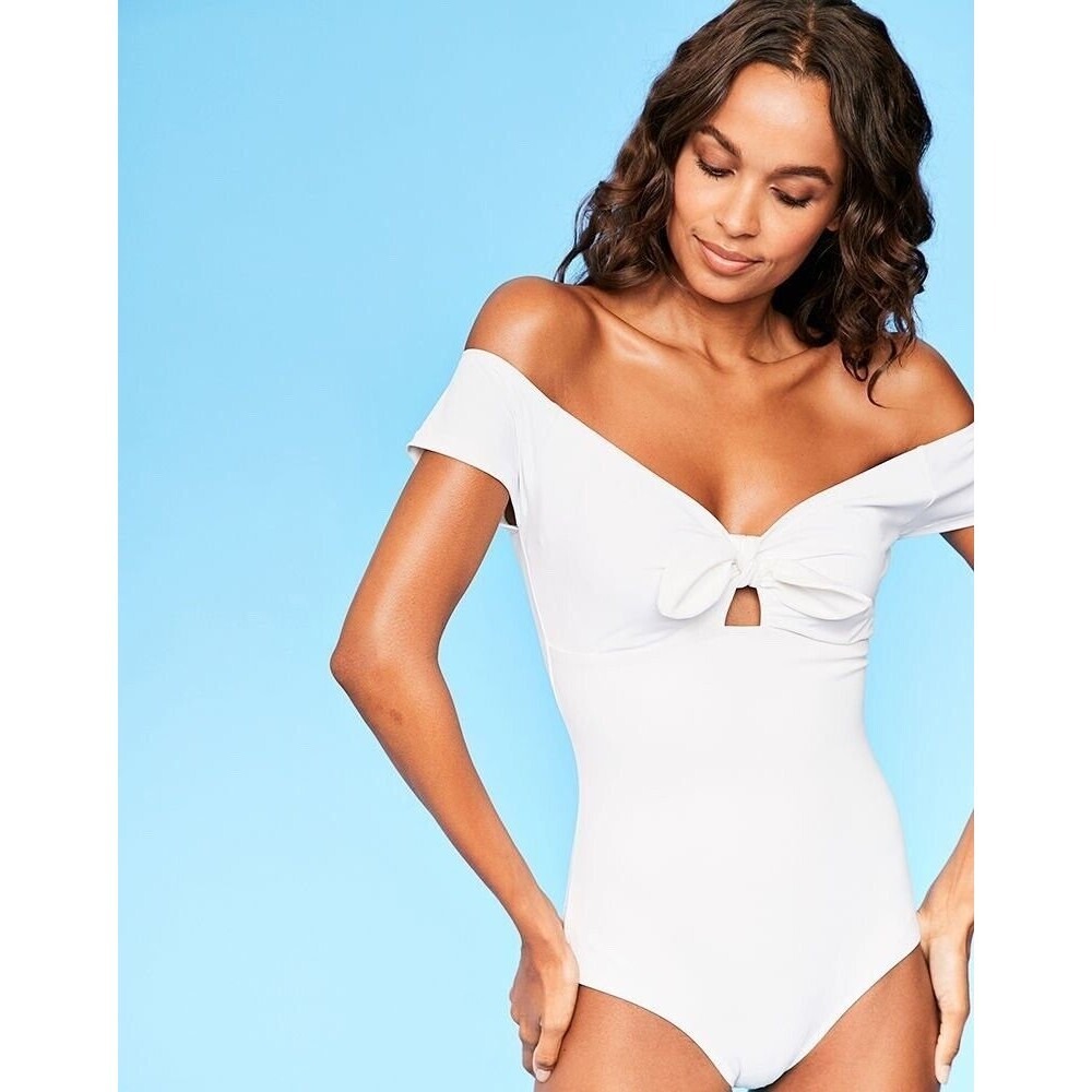 Figleaves One Piece Swimsuit Women 18 White Off Shoulder Bow Coastal Luxury